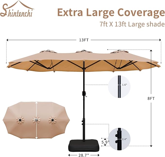 Shintenchi 13FT Large Patio Umbrella with Base, Outdoor Double-Sided Rectangular Shade with Crank Handle for Poolside Lawn Garden, Khaki