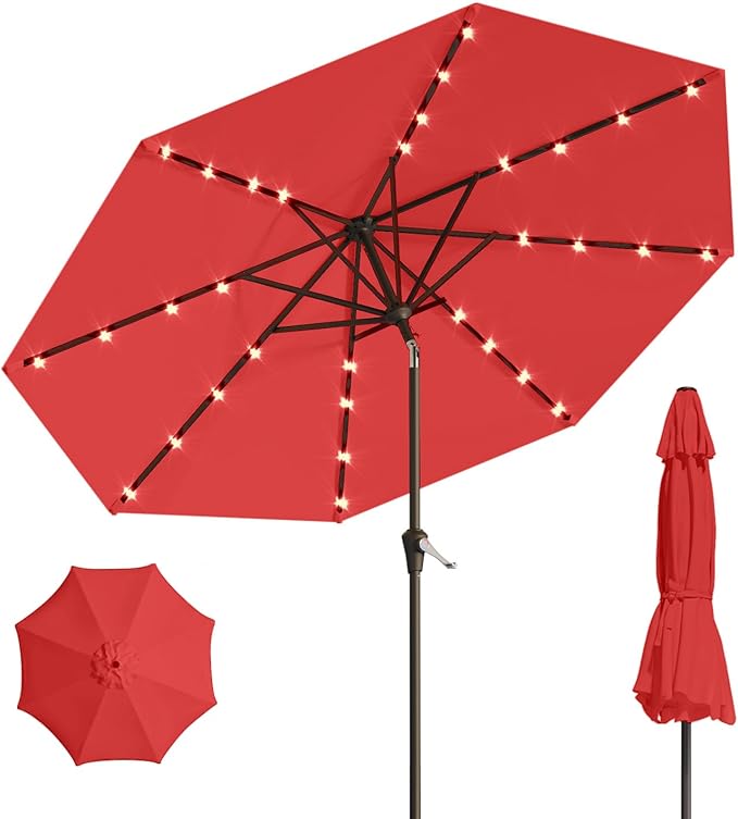 10FT Solar Umbrella 32 LED Lighted Patio Umbrella Table Market Umbrella w/Tilt and Crank, UV-Resistant Outdoor Umbrella for Pool, Garden, Deck, Red