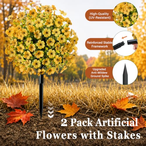 2 Pack 22" Artificial Fall Flowers Stake UV Resistant Outdoor Autumn Yellow (Yellow)