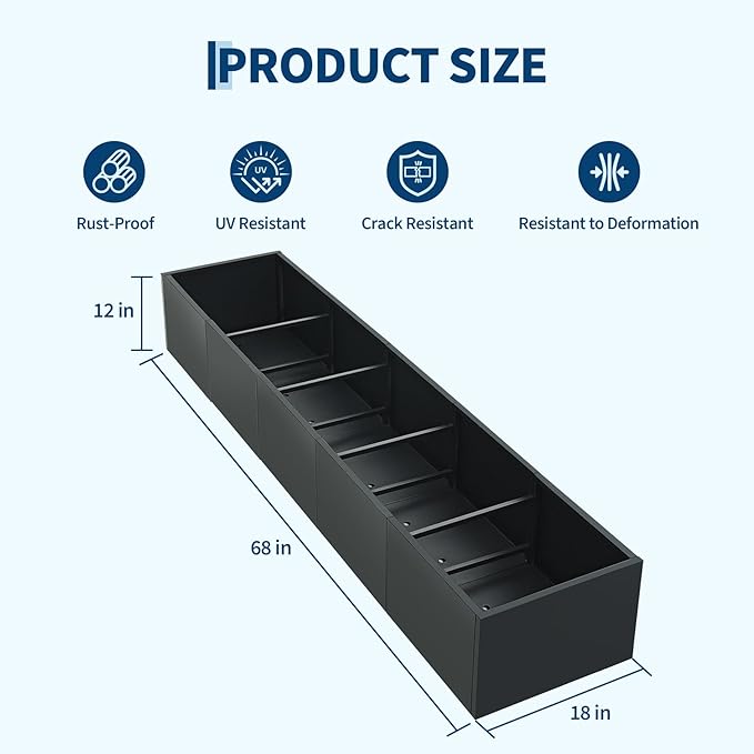 Garvee Extra Long Metal Planter Box with Drainage Holes, 68"X18"X12" Commercial & Home Outdoor Raised Garden Bed, Heavy Duty Steel Rectangular Planter, Snap-on Assembly