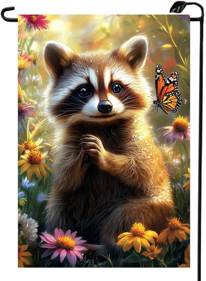 Spring Summer Raccoon Garden Flag 12x18 Double Sided, Small Burlap Seasonal Floral Butterfly Garden Flags Spring Summer Outdoor Yard Decorations for Outside Lawn Décor