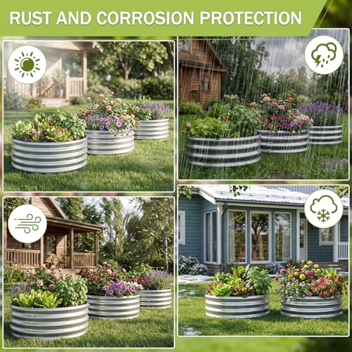 3Pack 2x2x1 ft Round Galvanized Raised Garden Bed Kit Round Metal Flower Box Large Planter Raised Beds Outdoor Garden for Planting (Silver / 2x2x1ft(3pack))