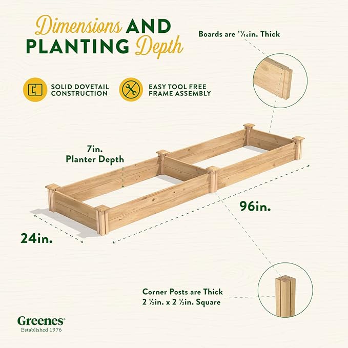 Greenes Fence Premium Cedar Raised Garden Bed, 2' x 8' x 7" (3/4" Thick) (3-Pack) - Made in USA with North American Cedar