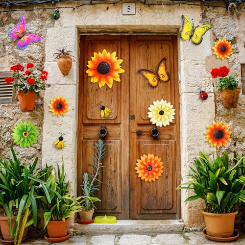 14 Pcs Metal Flower Decor 3D Sunflower Daisy Multicolored Garden Art Outdoor Decorations Butterfly Bee Ladybug Wall Art for Yard Fence Home