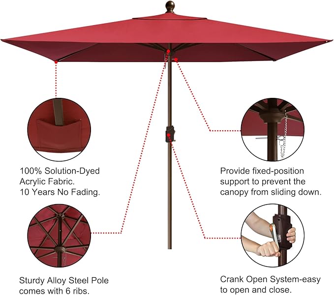 EliteShade USA 10-Year-Non-Fading 6.5x10Ft Rectangular Market Umbrella Patio Umbrella Outdoor Table Umbrella with Ventilation, Burgundy