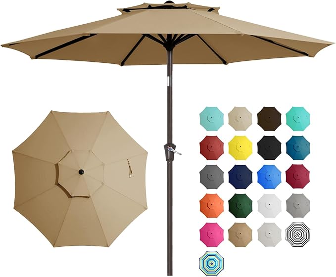 JEAREY 9' 2-Tiers Patio Umbrellas Outdoor Table Market Umbrella w/Push Button Tilt/Crank, 8 Sturdy Ribs, UV Protection Waterproof Sunproof(Sand)