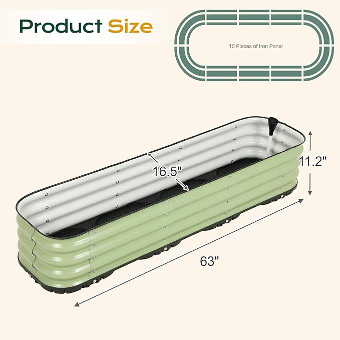 Aoodor Galvanized Raised Garden Bed 63'' Self-Watering Planter Box with Drainage Plug and Water Reservoir for Indoor & Outdoor Gardening, Self-Watering Pot for Balcony, Patio, Backyard, Green