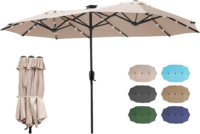 FREE SOLDIER 13ft Patio Umbrella with 36 LED Solar Lights Double Sided Outdoor Umbrella for Patio Table Umbrella with Solar lights for Garden Yard Pool (Beige)