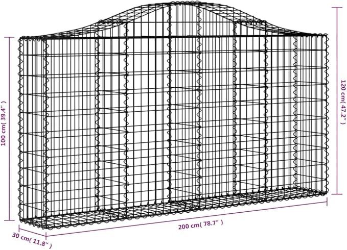 Gabion Basket Set of 3, Silver Galvanized Iron, Large 78.7 x 11.8 x 39.4/47.2 in, Outdoor Retaining Wall, Sound Barrier, Garden Decor