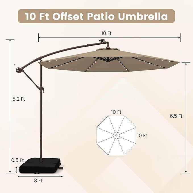 Tangkula 10FT Offset Patio Umbrella with Base Included, Outdoor Cantilever Umbrella with 32 Solar LED Lights, Tilt Adjustment, Crank Handle, Vented Top, Sand Bags for Pool Yard Deck (Tan)