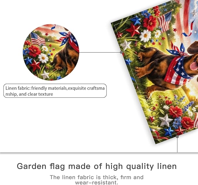 Patriotic Dachshund Garden Flag 12x18 Inch,American Independence Day Outdoor Yard USA Flag Funny Animal,Red White Blue 4th of July Lawn Porch Double Sided Outside Decor