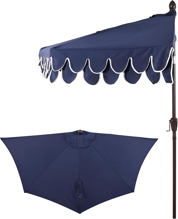 JONATHAN Y UMB1202B Terrace Arc 9 ft. Classic MidCentury Scalloped Fringe Market Patio Half Umbrella with Crank, Tilt Button and UV Protection in Navy/White, Dark Brown Pole