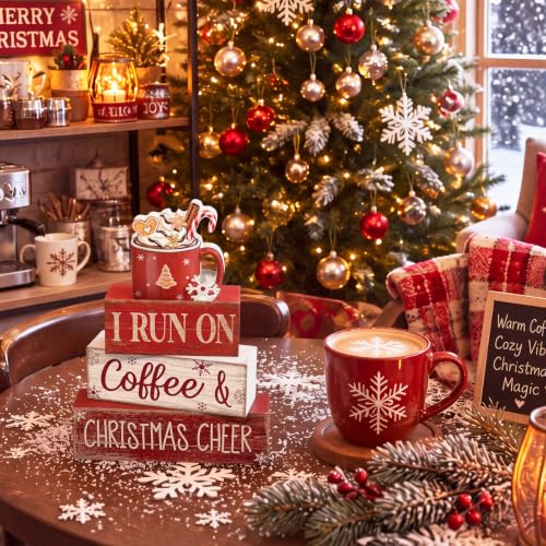 4 Pcs Christmas Coffee Table Decor Hot Chocolate Cocoa Wooden Stacked Sign Rustic Christmas Tiered Tray Decor Cocoa Centerpiece Block Signs Gift Xmas Decoration for Home Coffee Bar Kitchen (I Run on Coffee & Christmas Cheer)