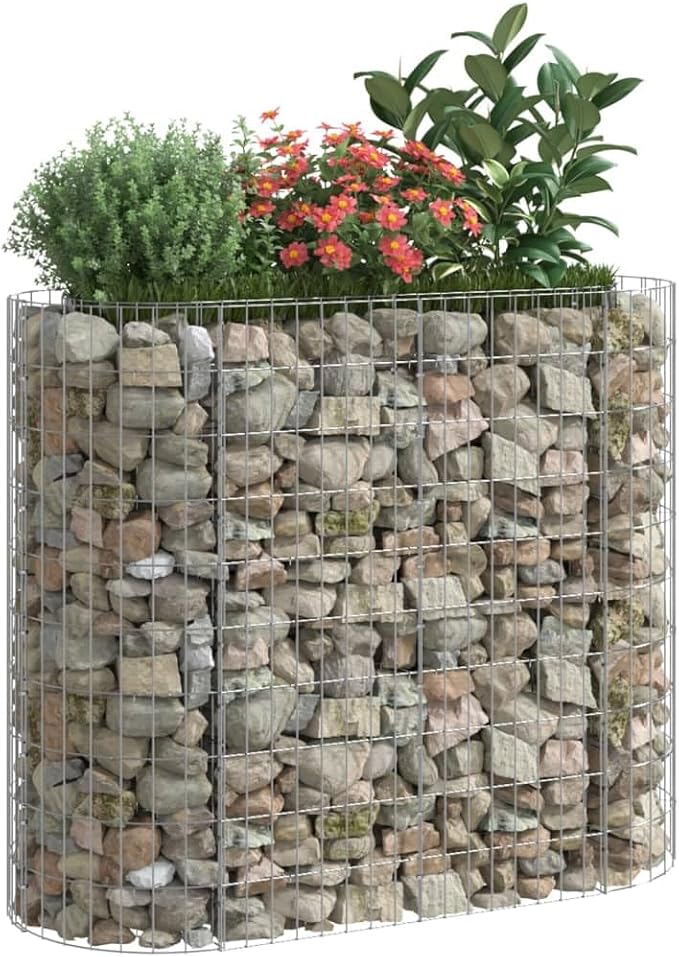 vidaXL Gabion Raised Bed, Proof and Weather- Galvanized Iron, Oval Shape, Ideal for Garden and Patio, 47.2"x19.7"x39.4", Stones Not Included, Assembly Required, Silver.