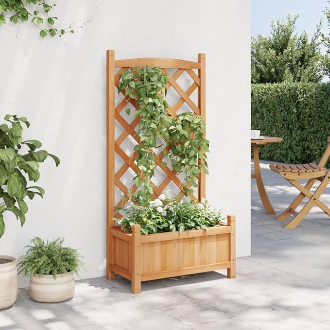 Solid Fir Wood Raised Planter Box with Trellis Brown Rectangular for Outdoor Garden Patio Balcony – Sturdy Natural Finish Medium Size 11.6x21.7x43.3 Inches