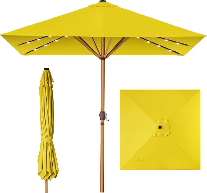 Best Choice Products 9ft Deep Square Solar Powered LED Lighted Patio Umbrella w/Woodgrain Pattern, UV-Resistant Fabric, Hand Crank - Yellow