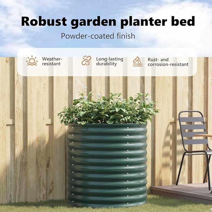 vidaXL Green Garden Raised Bed 31.5 x 31.5 x 31.9 in Galvanized Steel Planter Modern Design Durable for Outdoor Use Unique Oval Shape Spacious Planting Area Container for Vegetables Flowers Herbs