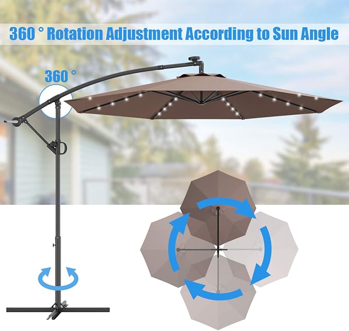 Tangkula 10 FT Solar Patio Umbrella, Offset Cantilever Outdoor Umbrella with 360 Degree Rotation, Aluminum Pole, Easy Tilt Adjustment, Crank Handle & Cross Base for Pool Deck Garden Backyard