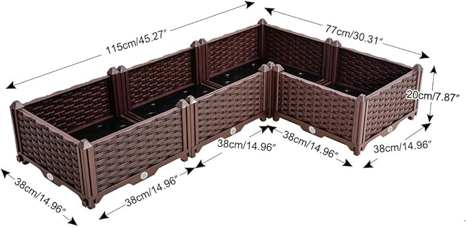 BAOYOUNI L-Shaped Planter Box Corner Raised Garden Bed Kit Vegetables Herbs Flowers Succulents Plastic Gardening Grow Container for Indoor Balcony Outdoor Patio, Brown