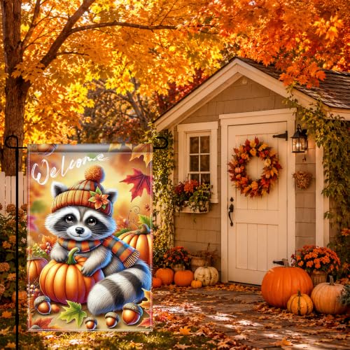 Fall Garden Flag 12x18 Inch Cute Raccoon Pumpkin Welcome Decor (Cute Raccoon)