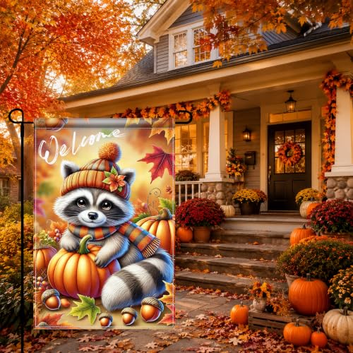 Fall Garden Flag 12x18 Inch Cute Raccoon Pumpkin Welcome Decor (Cute Raccoon)