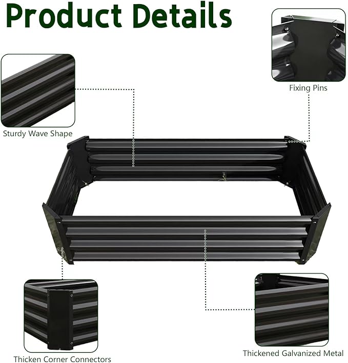 Metal Raised Garden Bed Outdoor Galvanized Raised Garden Bed 4×2×1ft Rectangle Planter Raised Beds Raised Planter Box for Gardening Vegetables Flowers and Herbs, Black