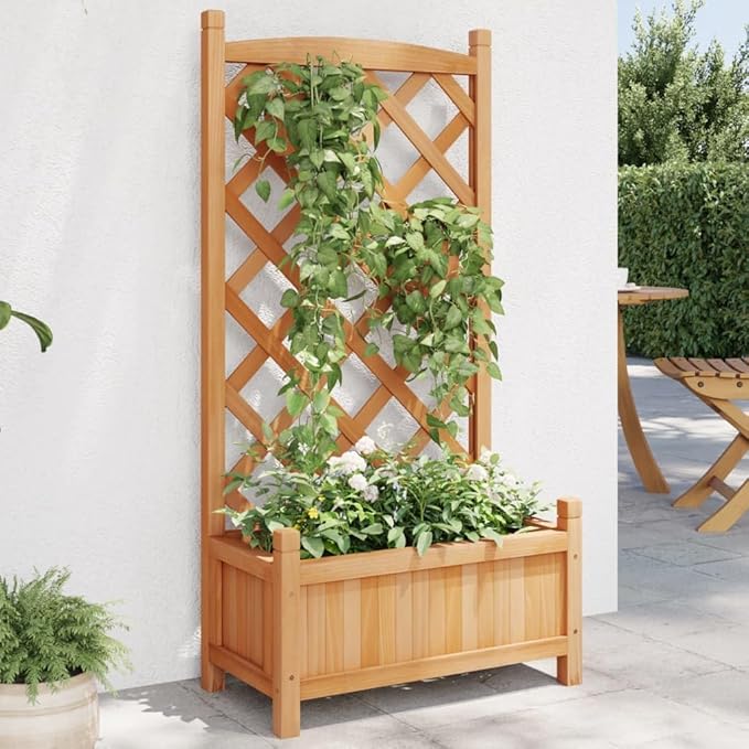 Solid Fir Wood Raised Planter Box with Trellis Brown Rectangular for Outdoor Garden Patio Balcony – Sturdy Natural Finish Medium Size 11.6x21.7x43.3 Inches