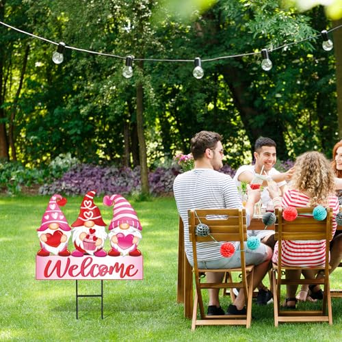 Valentine's Day Metal Garden Stakes Red Pink Heart Gnome Yard Stake Decorative Welcome Lawn Sign for Wedding Anniversary Home Outside Lawn Porch Decor (Valentine's Day)