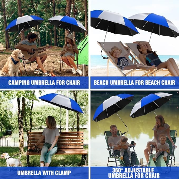2 Pack Beach Umbrella with 360 Universal Clamp, UPF50+ Umbrella Outdoor Patio Sun Protection for Chairs, Beach &Patio Use (Not Include Chair)