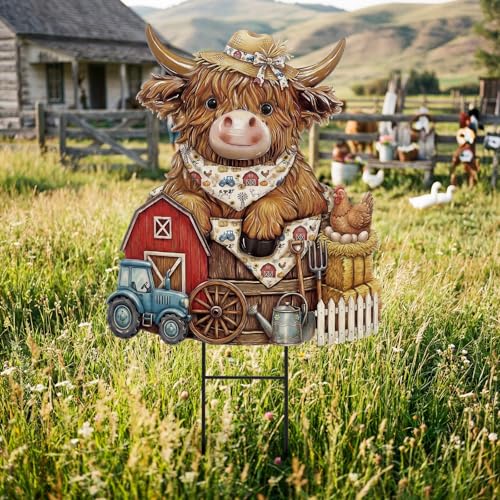 Farmhouse Highland Cow Outdoor Decor Rustic Metal Garden Stakes (Countryside)