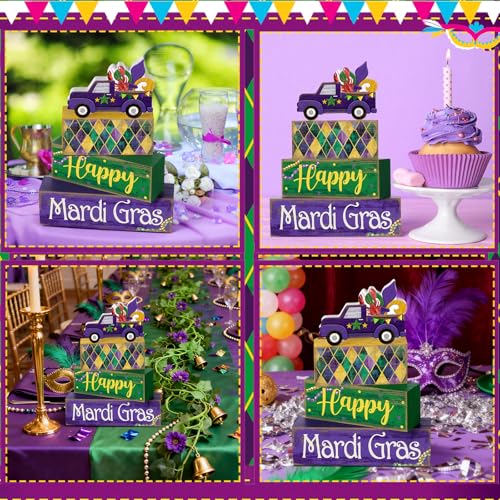 4 Pcs Mardi Gras Tiered Tray Decor Wooden Blocks (Truck)