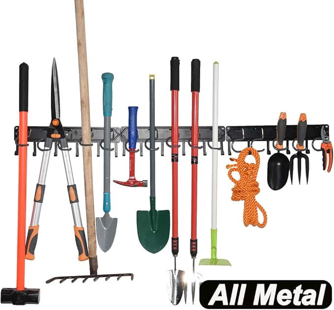YueTong All Metal Garden Tool Organizer,Adjustable Garage Wall Organizers and Storage,Heavy Duty Wall Mount Holder with Hooks for Broom,Rake,Mop,Shovel.(3 Pack)