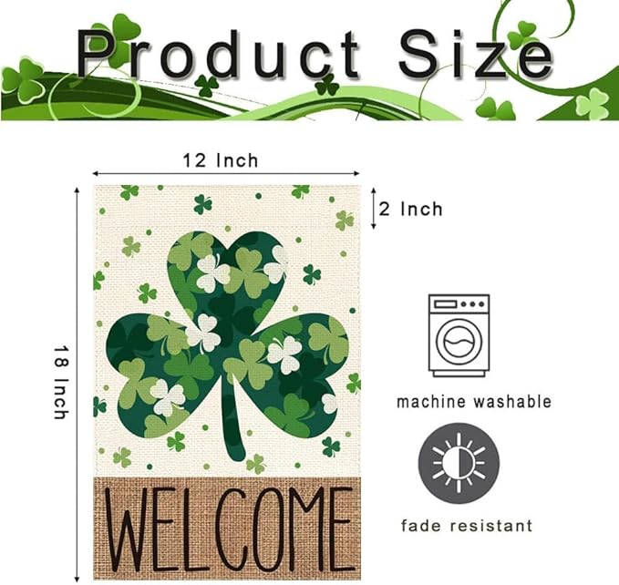 St Patricks Day Garden Flag 12x18 Inch Double Sided Outside Welcome Shamrocks Outdoor Yard Flag Green Lucky Clovers Holiday Decoration