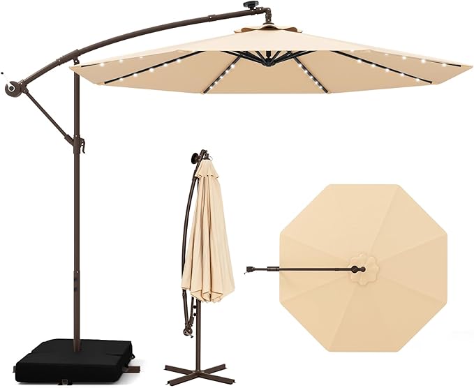 Tangkula 10FT Offset Patio Umbrella with Base Included, Outdoor Cantilever Umbrella with 32 Solar LED Lights, Tilt Adjustment, Crank Handle, Vented Top, Sand Bags for Pool Yard Deck (Beige)