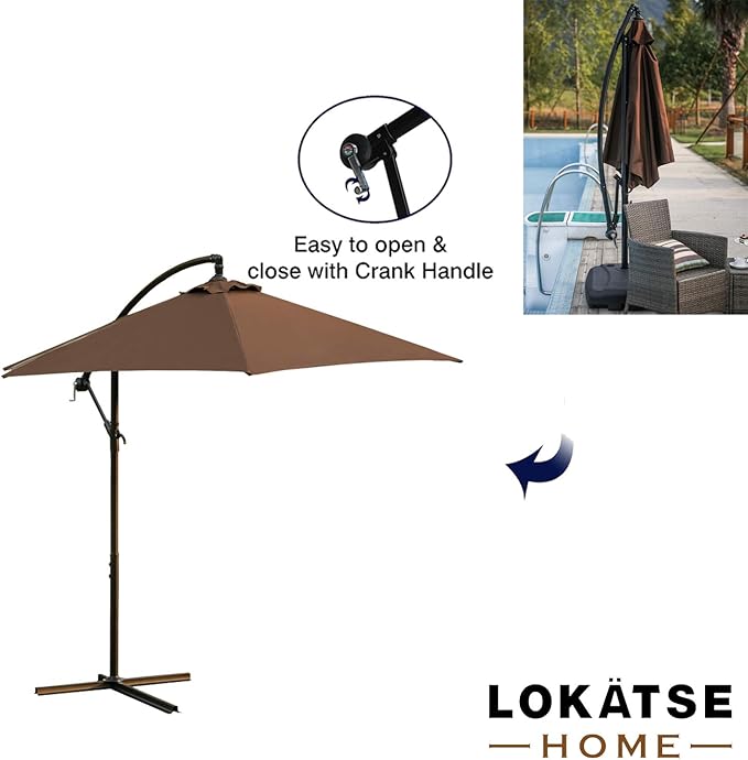 LOKATSE HOME 10 Ft Offset Patio Outdoor Umbrella Cantilever Hanging Market Umbrella Garden Umbrella with Crank & Cross Base (Brown)