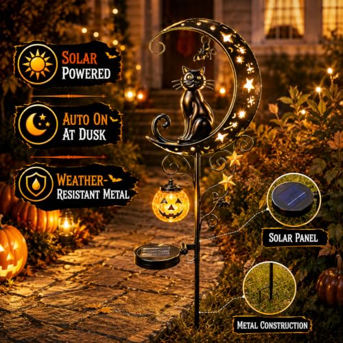 Solar Halloween Black Cat & Pumpkin Moon Garden Stake Light (B)