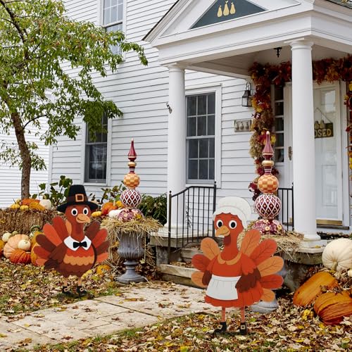 2 Pack Fall Thanksgiving Metal Yard Sign Stake (Pilgrim Turkey)