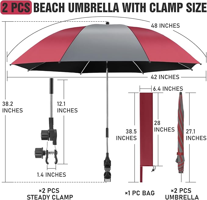 2 Pack Beach Umbrella with 360 Universal Clamp, UPF50+ Umbrella Outdoor Patio Sun Protection for Chairs, Beach &Patio Use (Not Include Chair)