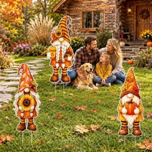 3 Pcs Fall Yard Decoration Autumn Gnome Yard Sign Stakes Outdoor Lawn Decor (Orange Yellow)