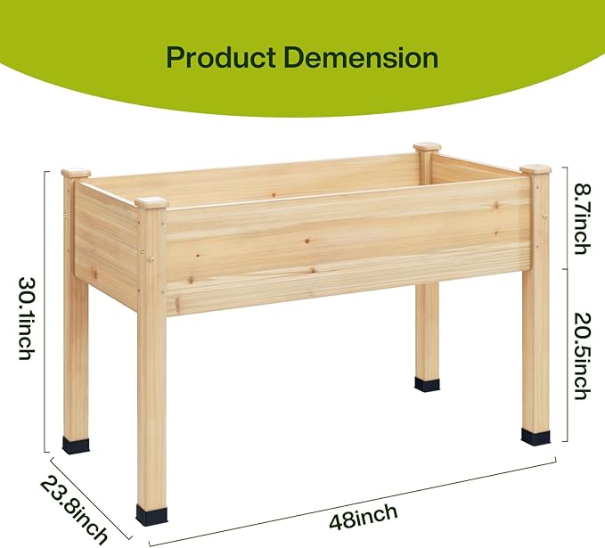 Wood Raised Garden Bed, 48x24x30in Elevated Wooden Planter Box with Legs Standing Growing Bed for Backyard, Patio, Balcony with Bed Liner, 200 Pound Capacity