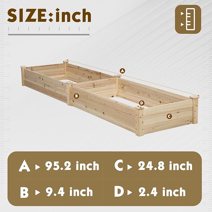 Incbruce 95x24x10 inch Wooden Elevated Raised Garden Bed Planter, Elevated Planting Bed Boxes Kit for Vegetable Flower Patio Outdoor, Natural