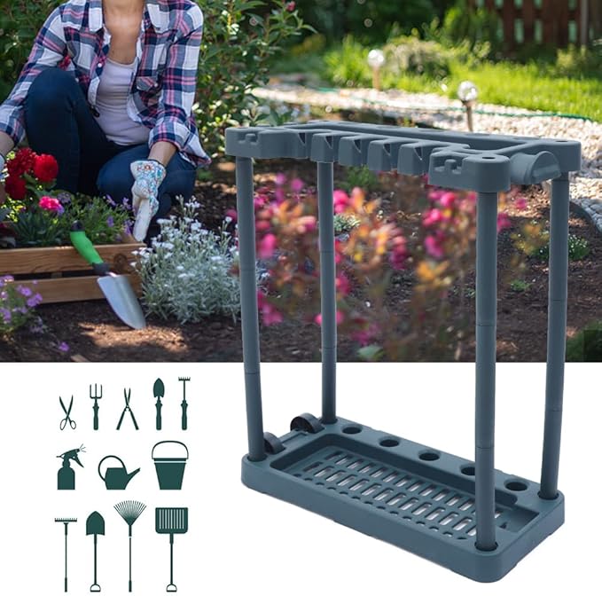 Garden Tool Organizer, Rolling Storage Rack Tower Yard Tool Organizer Cart Heavy Duty Garden Tool with Wheels Stand up to 40 Long Handled Tools for Yard, Shed, Outdoor