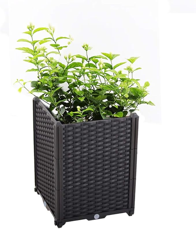 BAOYOUNI Square Raised Garden Bed Kit Plastic Planter Growing Box for Vegetables, Herbs, Flowers & Succulents in Balcony, Patio or Yard, Enjoy Your Farming Life, Black