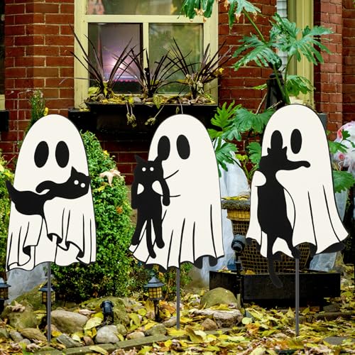 3 Pcs Metal Halloween Yard Decorations (Ghost Cat / Black,White)