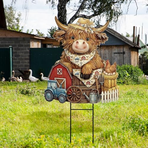Farmhouse Highland Cow Outdoor Decor Rustic Metal Garden Stakes (Countryside)