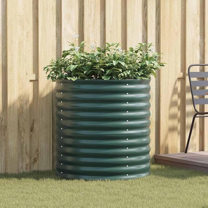 vidaXL Green Garden Raised Bed 31.5 x 31.5 x 31.9 in Galvanized Steel Planter Modern Design Durable for Outdoor Use Unique Oval Shape Spacious Planting Area Container for Vegetables Flowers Herbs