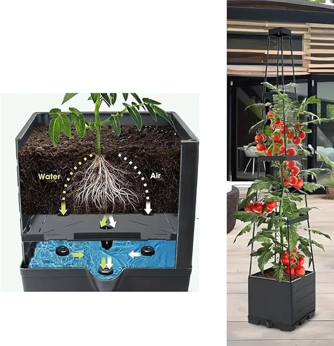 2pcs Raised Garden Bed Planter Box with Trellis 57" Self-Watering Tomato Cage Planters for for Climbing Vegetable and Plants, Raised Tomato Planter Boxes (2 pcs)