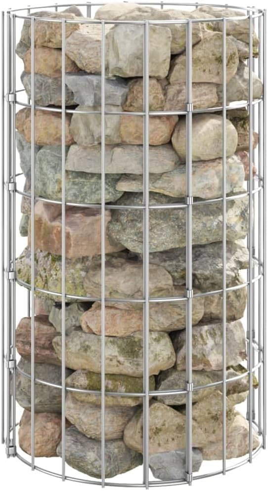 Outdoor Garden Round Gabion Basket Cage Planter Stand Patio Backyard Gabion Post Raised Bed Fencing, Circular Gabion Pole Galvanized Steel Ø11.8"x19.7"