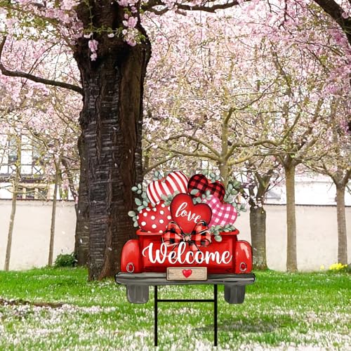 Valentine' s Day Metal Garden Stake Welcome Yard Sign Red Love Heart Truck Decorative Lawn Sign for Wedding Anniversary Home Outside Lawn Porch Walkway Decor (Valentine' s Day Truck)