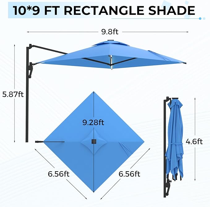AECOJOY 10ft Solar LED Wall Mounted Outdoor Patio Umbrella, Rectangular Large Offset Cantilever Umbrellas with 180° Rotation Sun Canopy for Deck Pool Garden Backyard, Save Space, Blue